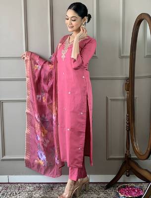 Women's chanderi viscose embroidered straight kurta with pant and printed dupatta set 4
