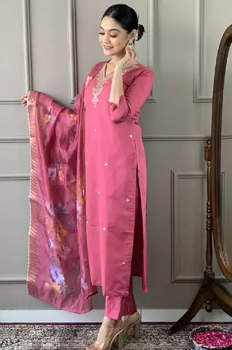 Women's chanderi viscose embroidered straight kurta with pant and printed dupatta set