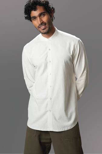 White solid handloom mandarin collar shirt