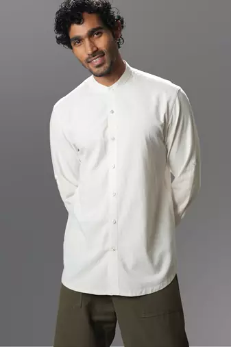 White solid handloom mandarin collar shirt