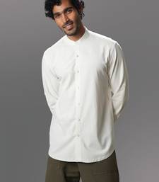 White solid handloom mandarin collar shirt