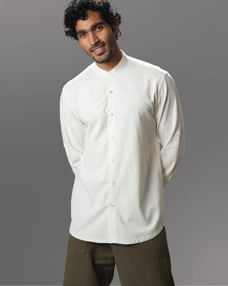 White solid handloom mandarin collar shirt