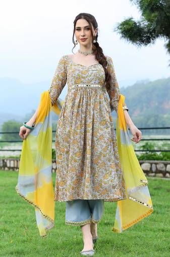Powder blue handblock mirror embellished anarkali suit set