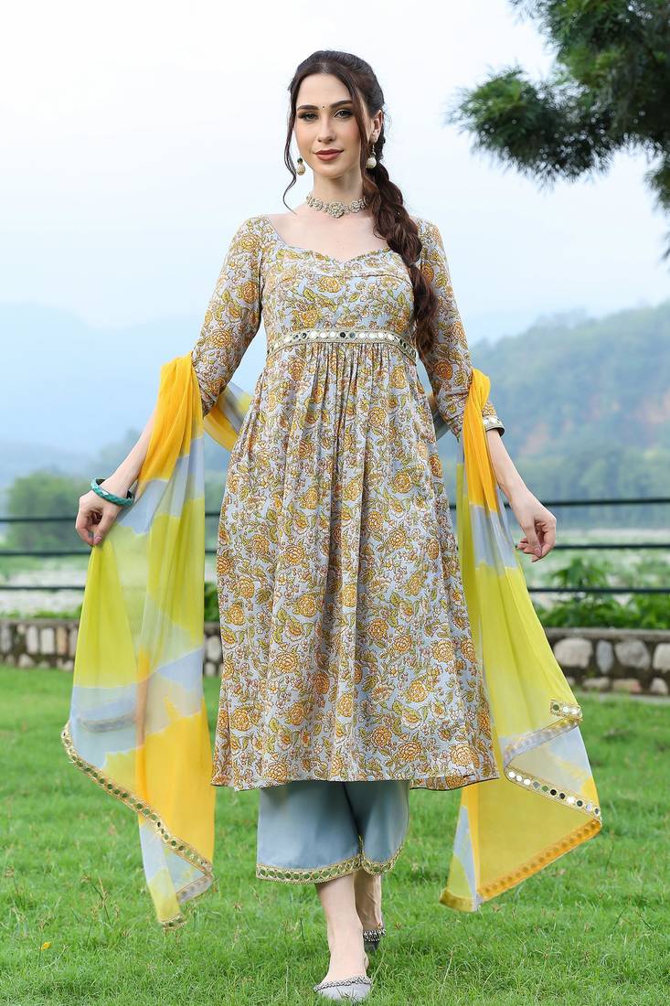 Powder blue handblock mirror embellished anarkali suit set