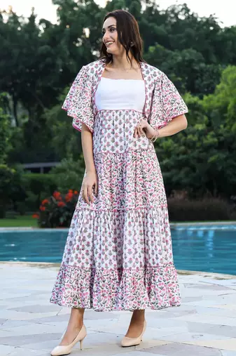 Sanganeri floral tiered maxi dress with shrug