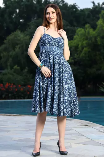 Indigo floral dress with slit