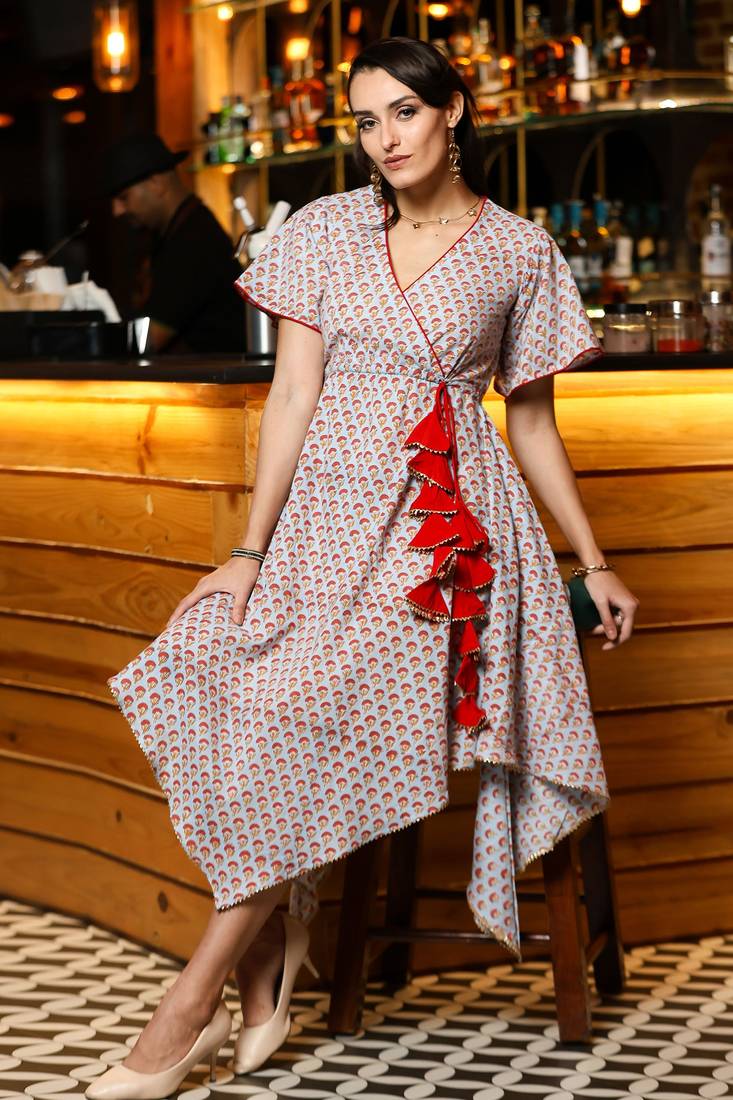 Sanganeri handkerchief dress with tassels