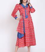 Handblock printed bow neck dress