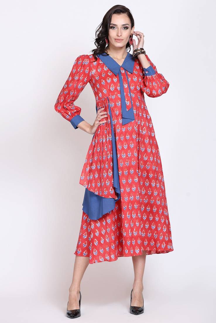 Handblock printed bow neck dress