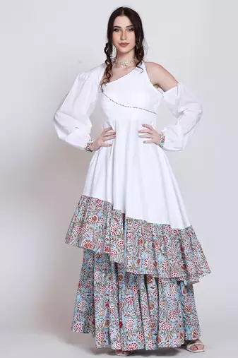 Sanganeri assymetrical flared white dress with skirt
