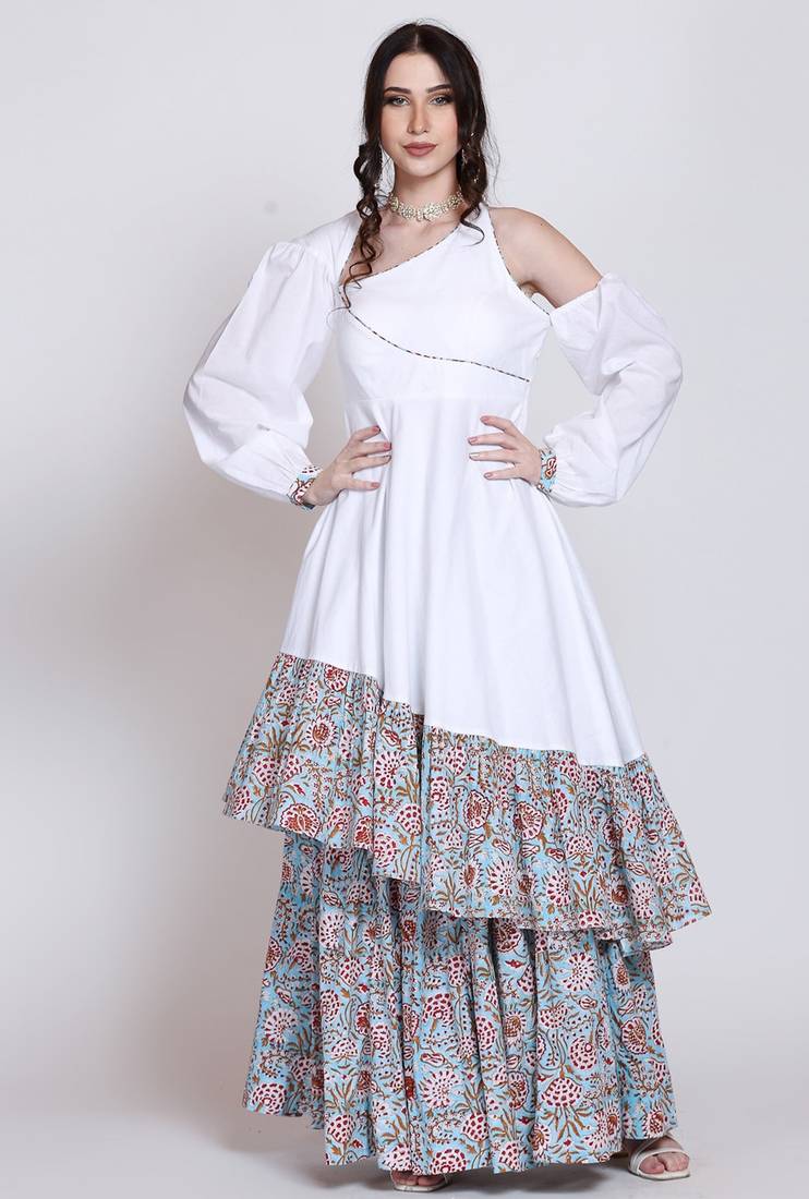 Sanganeri assymetrical flared white dress with skirt