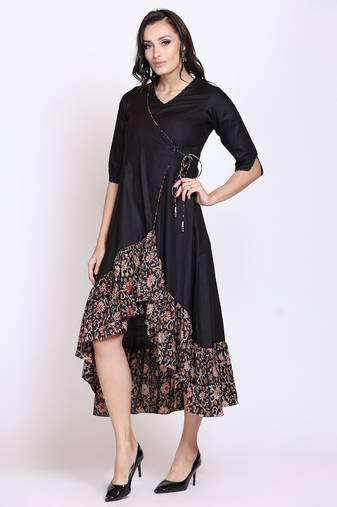 Black bagru asymmetrical skirt set