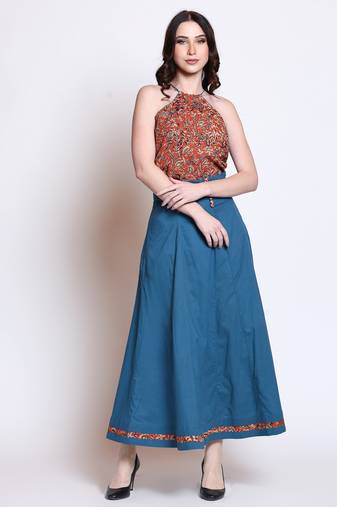 Handblock bagru top with indigo skirt