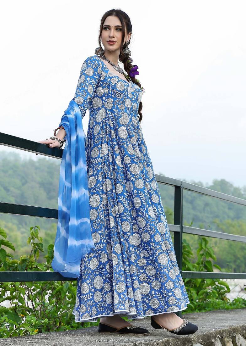 Sanganeri kalidaar handblock dress with leheriya duppatta