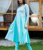 Sea green matka neck anarkali suit set with leheriya duppatta