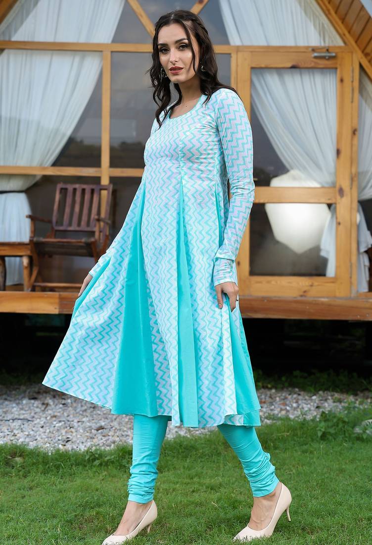 Sea green matka neck anarkali suit set with leheriya duppatta