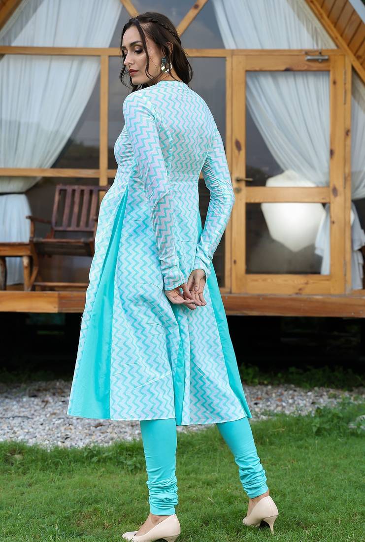 Sea green matka neck anarkali suit set with leheriya duppatta