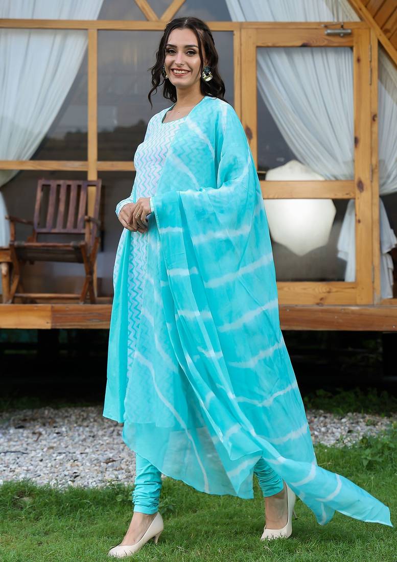 Sea green matka neck anarkali suit set with leheriya duppatta