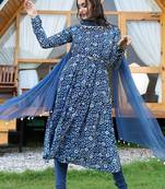 Indigo churidar suit set with chiffon seashell duppatta