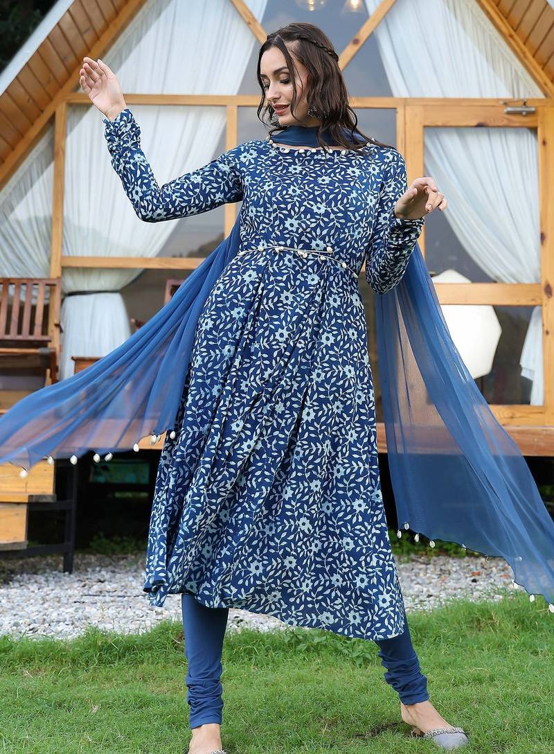 Indigo churidar suit set with chiffon seashell duppatta