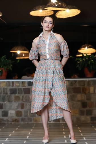 Coral and jade ikat tulip skirt & cold shoulder shirt co-ord set