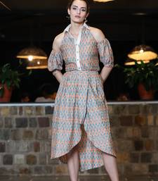 Coral and jade ikat tulip skirt & cold shoulder shirt co-ord set