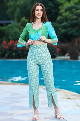 Aqua blue and jade ikat co-ord set