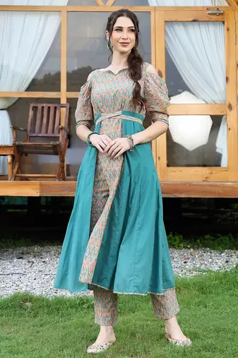 Coral and jade ikat slit kurta set