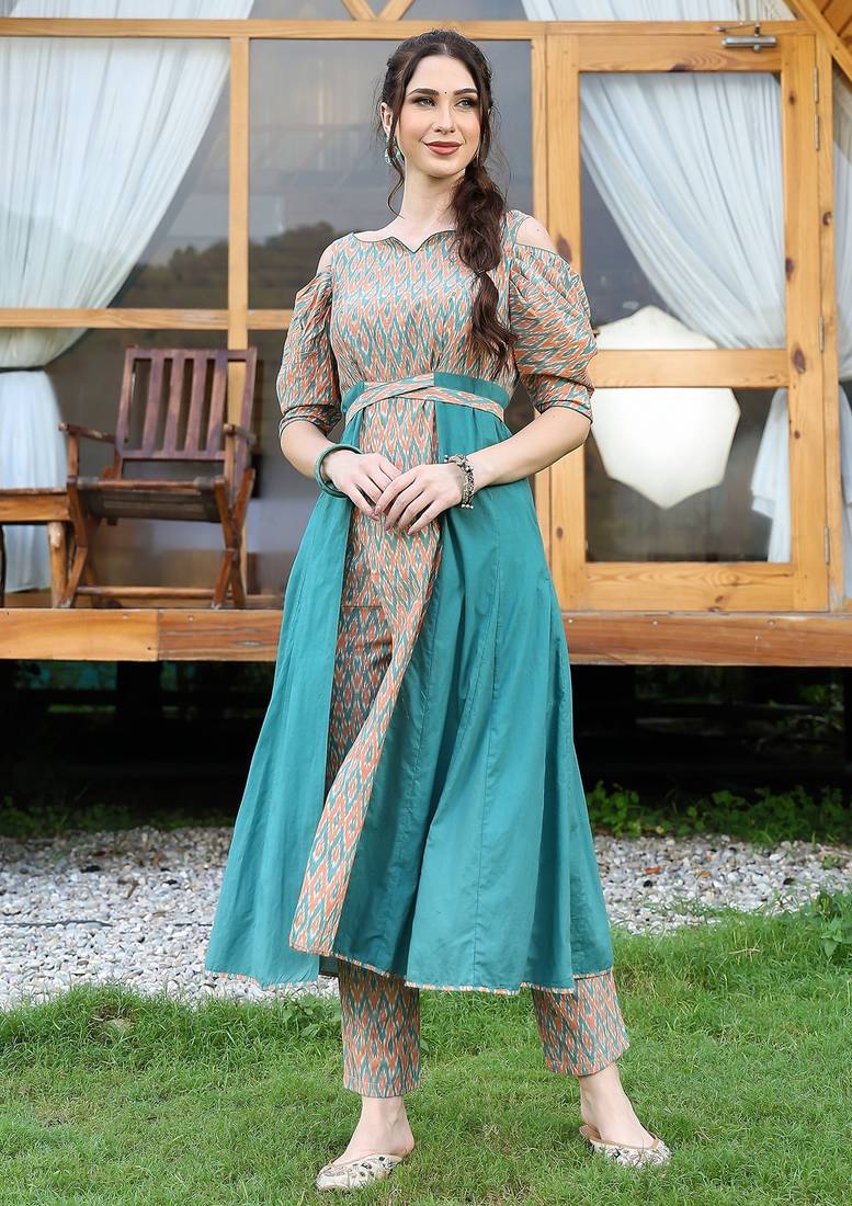 Coral and jade ikat slit kurta set