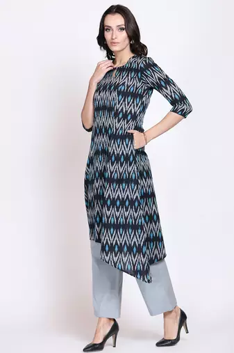 Asymetric black ikat kurta set