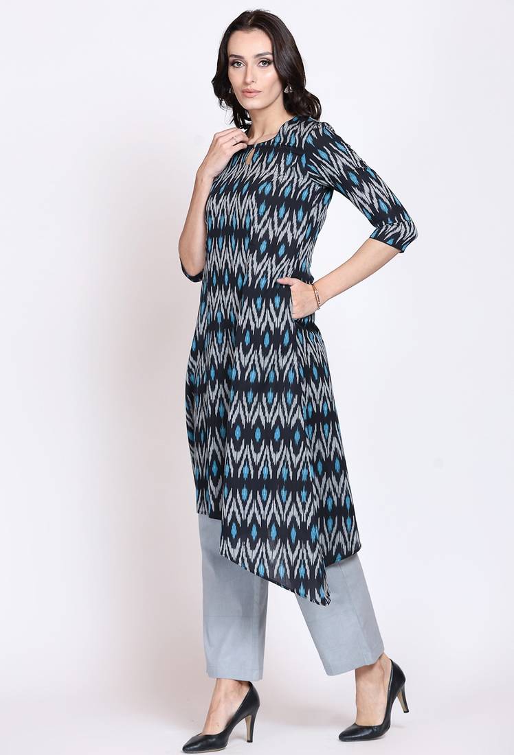 Asymetric black ikat kurta set