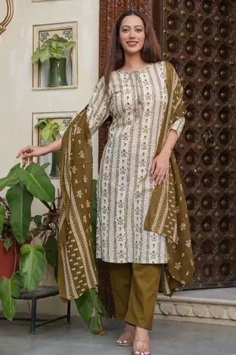 Aaysa floral printed green round neck pure cotton kurta with trouser & dupatta