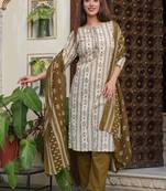 floral printed green round neck pure cotton kurta with trouser & dupatta