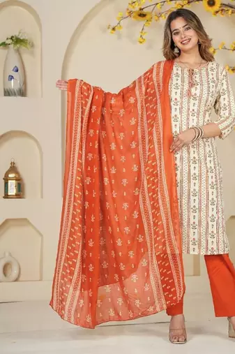 Orange Floral Printed Round Neck Pure Cotton Kurta With Trouser & Dupatta