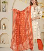 Orange Floral Printed Round Neck Pure Cotton Kurta With Trouser & Dupatta