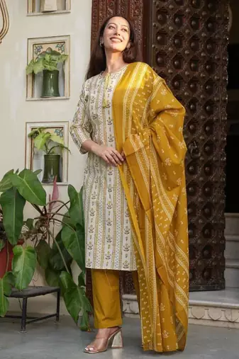 Yellow Floral Printed Round Neck Pure Cotton Kurta With Trouser & Dupatta