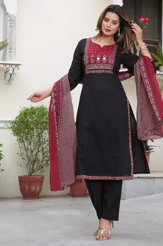 Aaysa floral embroidered black round neck pure cotton kurta with trouser & dupatta