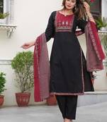 floral embroidered black round neck pure cotton kurta with trouser & dupatta