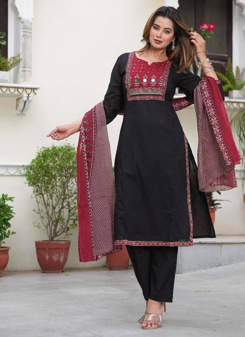 Aaysa floral embroidered black round neck pure cotton kurta with trouser & dupatta