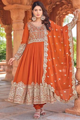 Orange georgette three-piece Anarkali suit 