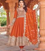 Orange georgette three-piece Anarkali suit 