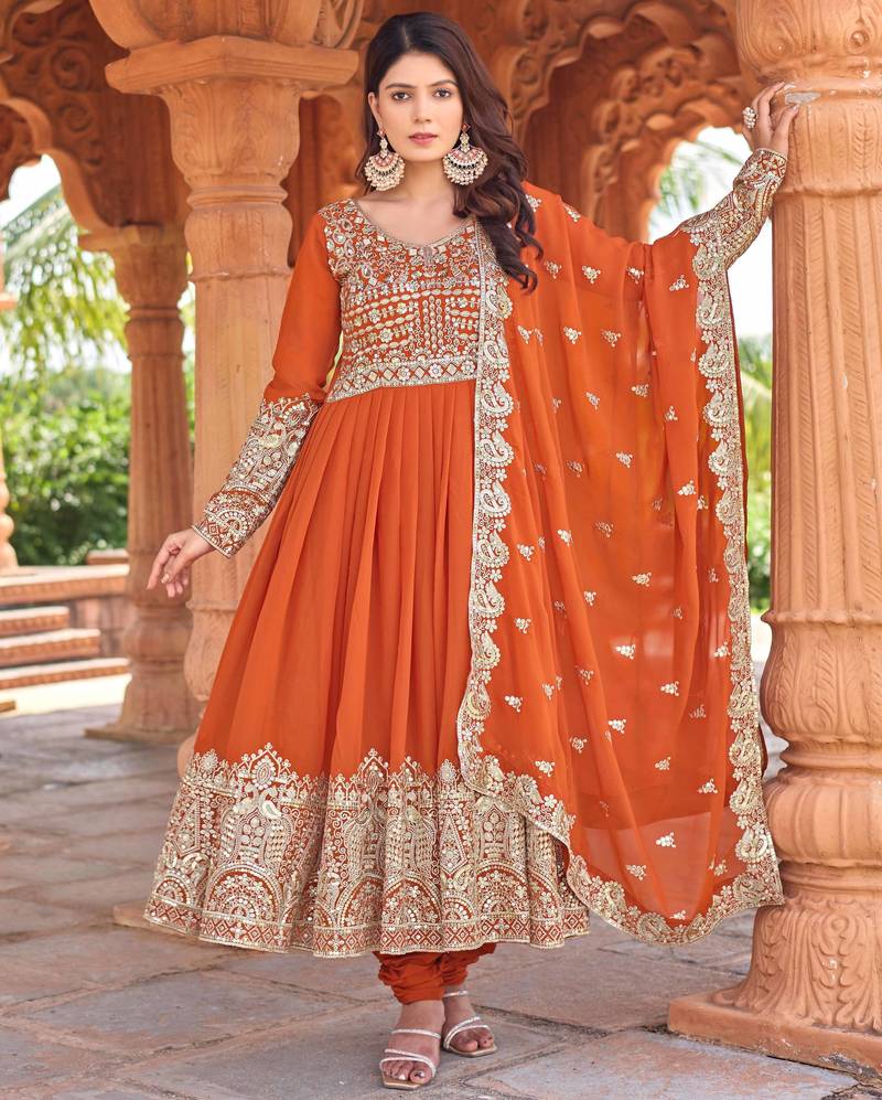 Orange georgette three-piece Anarkali suit 