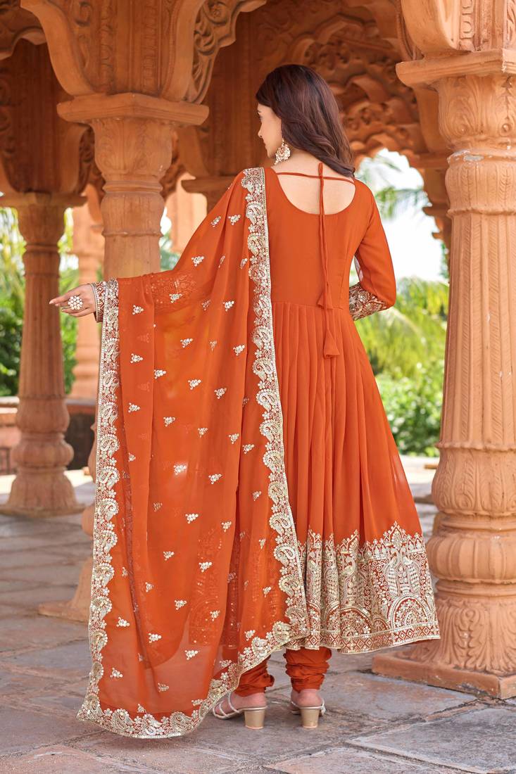 Orange georgette three-piece Anarkali suit 
