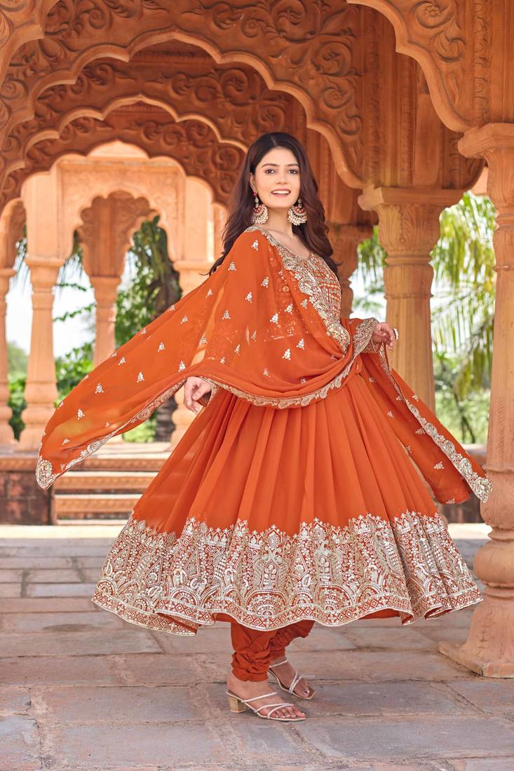 Orange georgette three-piece Anarkali suit 