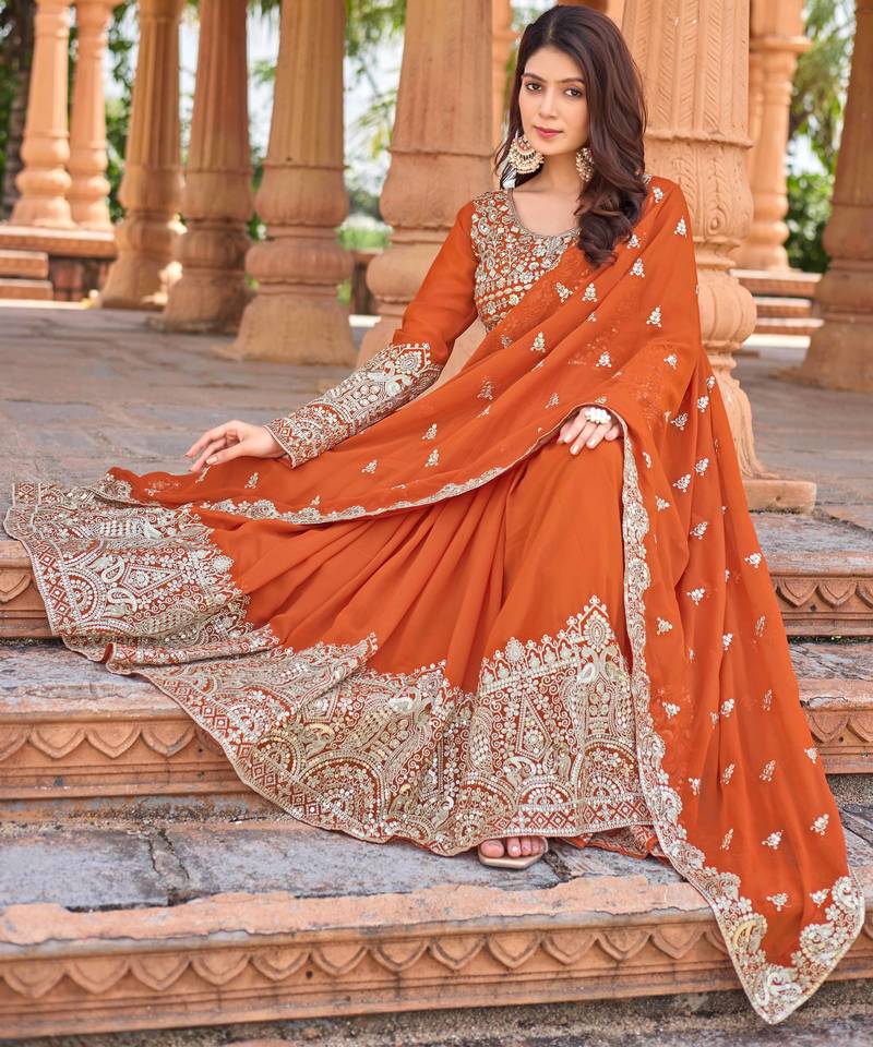 Orange georgette three-piece Anarkali suit 