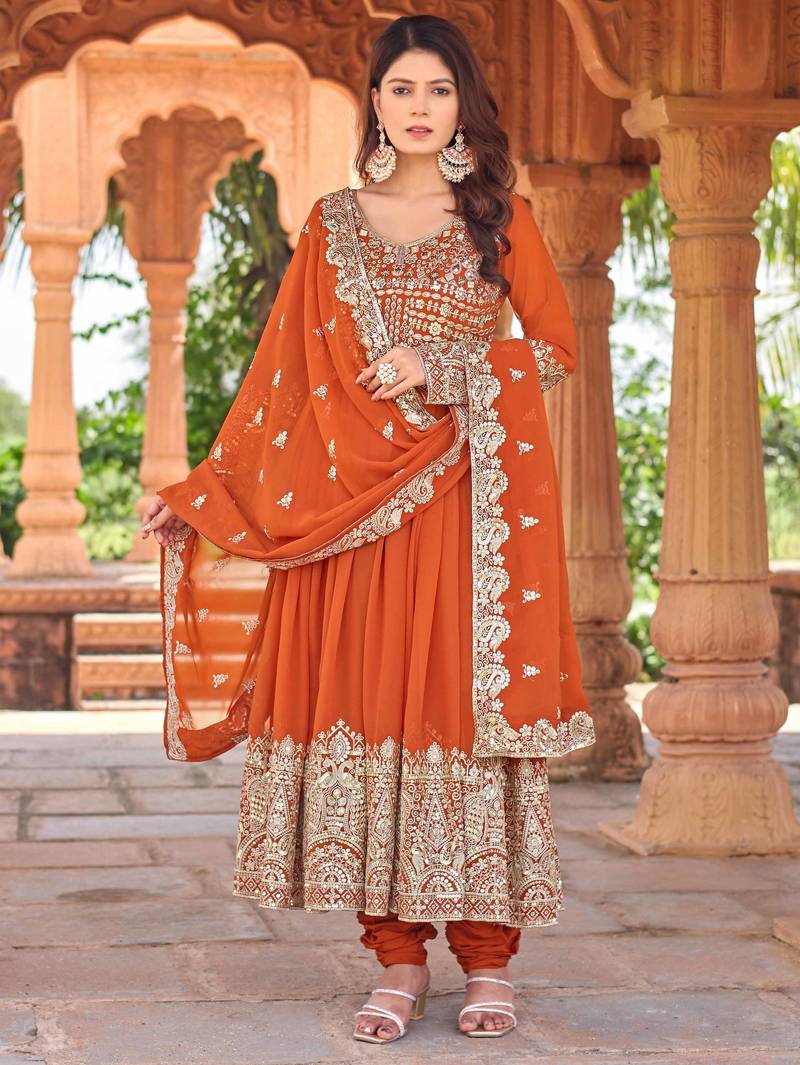 Orange georgette three-piece Anarkali suit 