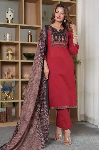 Red Floral Embroidered Round Neck Pure Cotton Kurta With Trouser & Dupatta