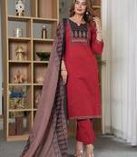 Red Floral Embroidered Round Neck Pure Cotton Kurta With Trouser & Dupatta