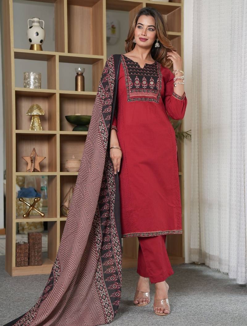Red Floral Embroidered Round Neck Pure Cotton Kurta With Trouser & Dupatta