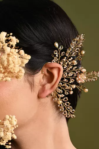 Peach pearl gold plated designer ear cuff for haldi mehendi wedding